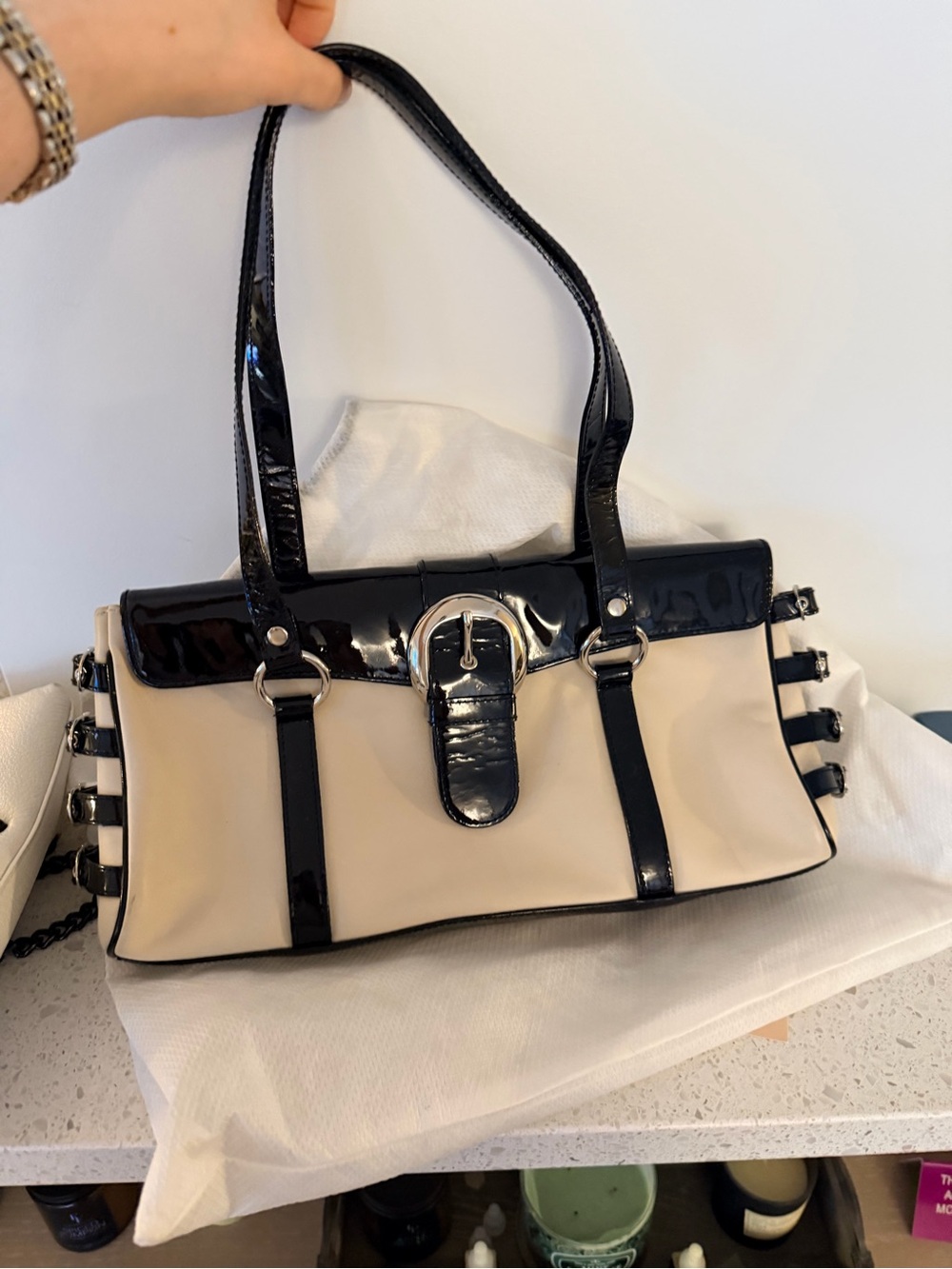 Isabella Fiore Cream Shoulder Bag with Black Patent Trim